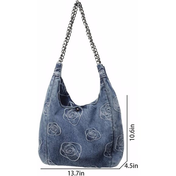 Denim Hobo Tote Bag for Women Floral Pattern Shoulder Purse Lightweight - Picture 4 of 6